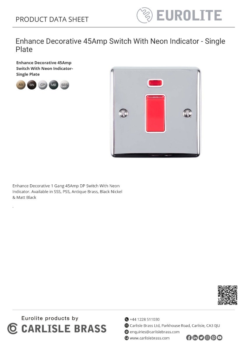 Eurolite Enhance Decorative 45Amp Switch With Neon Indicator - Satin Stainless