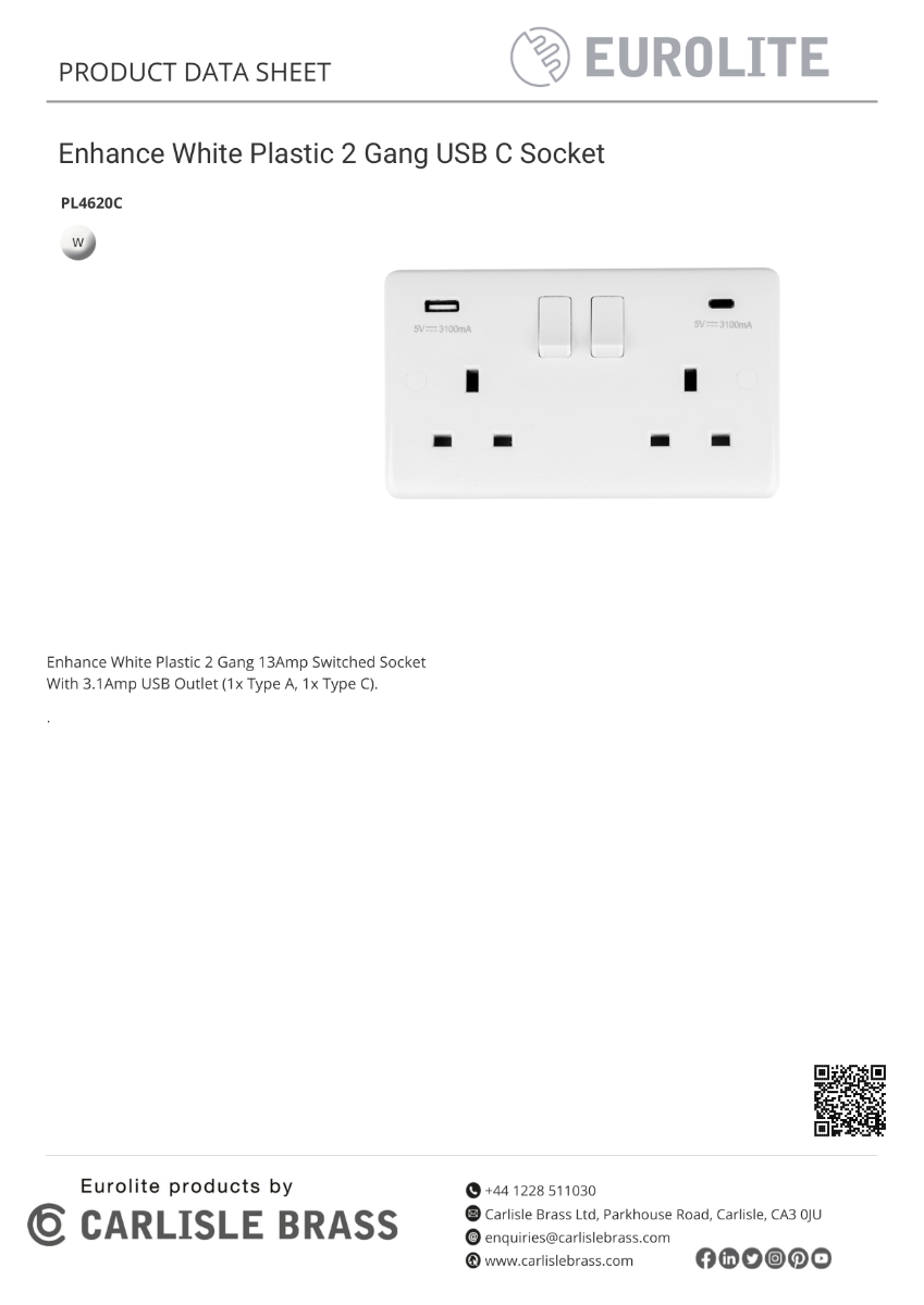 Eurolite Enhance White Plastic Enhance White Plastic 2 Gang Usb C Socket - White