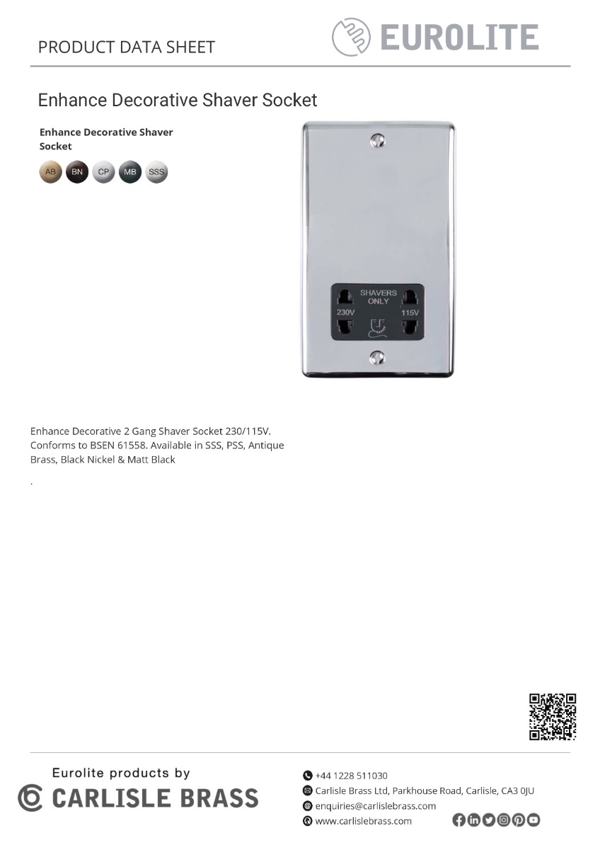 Eurolite Enshsssg 2 Gang Shaver Socket 230/115V Satin Enhance Range Grey Trim