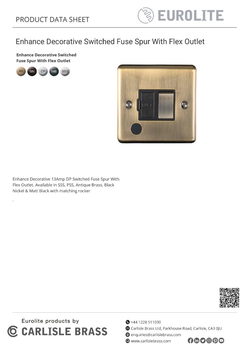 Eurolite Enswffopcg 13Amp Dp Switched Fuse Spur With Flex Outlet Polished Chrome Enhance Range Grey Trim