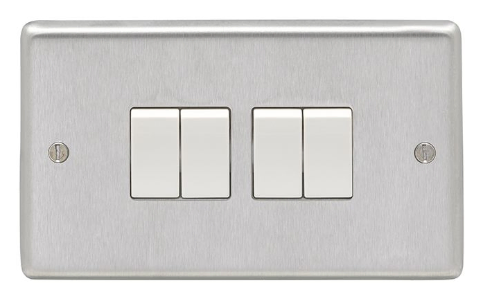 Eurolite Sss4Sww 4 Gang 10Amp 2Way Switch Round Edge Satin Stainless Steel Plate White Rockers
