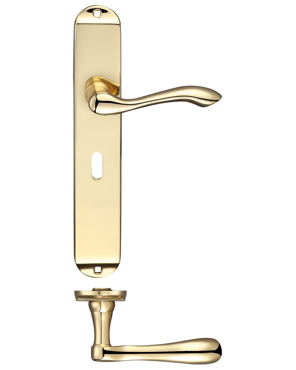 Arundel Door Handles On Long Backplate, Polished Brass (sold in pairs)