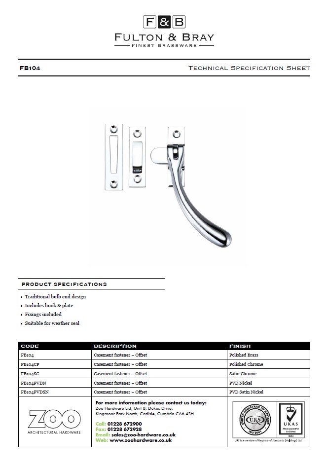 Zoo Hardware Fulton & Bray Offset Casement Fastener, Pvd Stainless Satin Nickel -