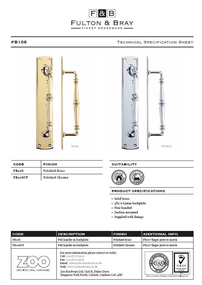 Zoo Hardware Fulton & Bray Ornate Pull Handles On Backplate (382Mm X 65Mm), Polished Brass