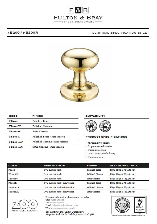 Zoo Hardware Fulton & Bray Oval Mortice Door Knobs, Polished Brass (Sold In Pairs)