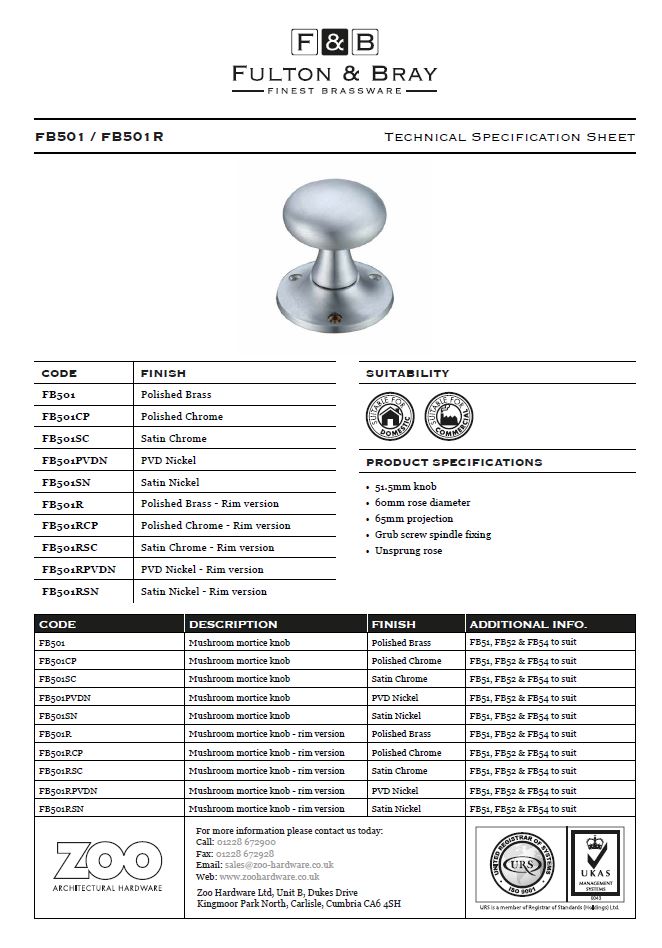 Zoo Hardware Fulton & Bray Mushroom Mortice Door Knobs, Polished Brass - (Sold In Pairs)