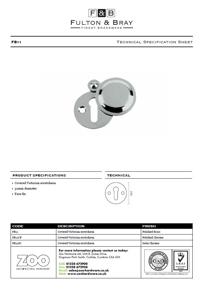 Zoo Hardware Fulton & Bray Standard Profile Covered Escutcheon, Polished Brass