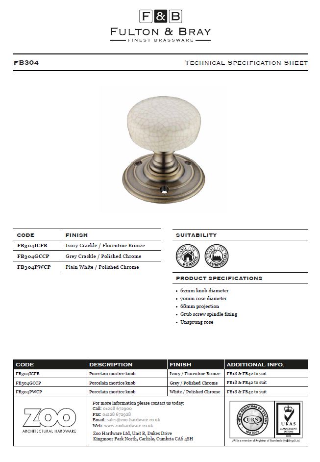 Zoo Hardware Fulton & Bray Plain White Porcelain Door Knobs, Polished Chrome - (Sold In Pairs)