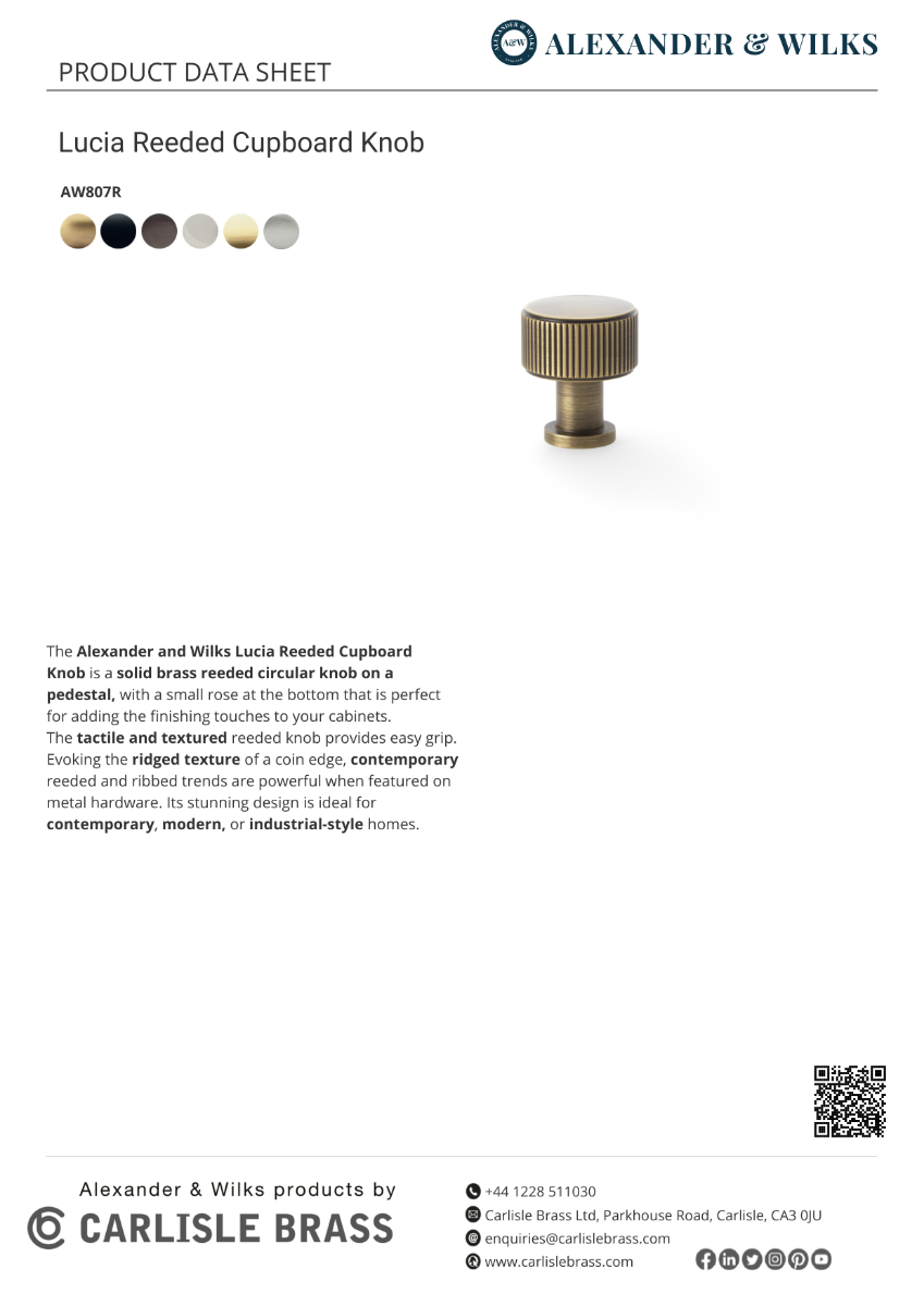 Alexander And Wilks Lucia Reeded Cabinet Knob 35Mm Matt Black AW807R-35-BL