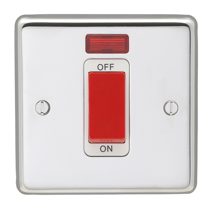Eurolite Pss45Aswnsw 45Amp Dp Cooker Switch With Neon Single Round Edge Polished Stainless Steel Plate Red Rocker White Trim