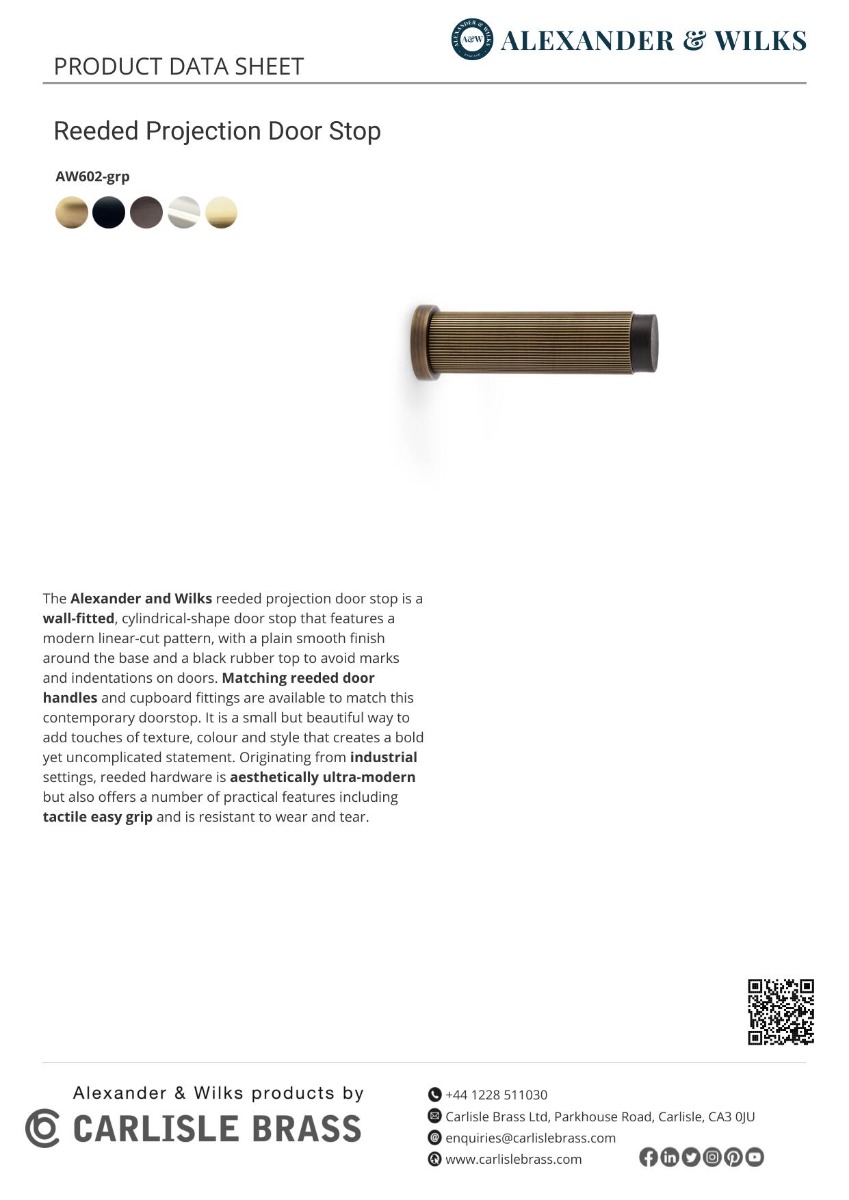 Alexander And Wilks Brunel Diamond Reeded 75Mm Cylinder Door stop Matt Black AW602-75-BL