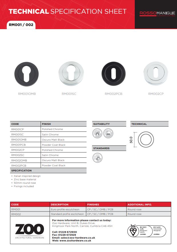 Zoo Hardware Rosso Maniglie Standard Profile Escutcheon 50mm rose dia