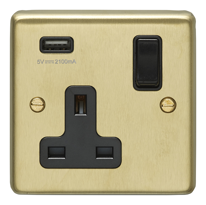 Eurolite Sb1Usbb 1 Gang 13Amp Switched Socket With 2.1 Amp Usb Outlet Round Edge Satin Brass Plate Black Rocker