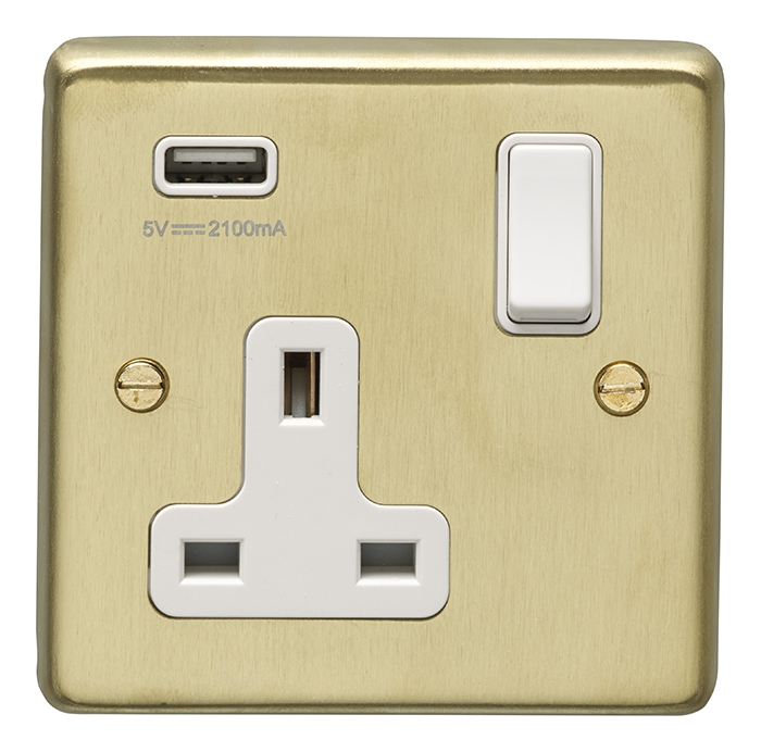 Eurolite Sb1Usbw 1 Gang 13Amp Switched Socket With 2.1 Amp Usb Outlet Round Edge Satin Brass Plate White Rocker