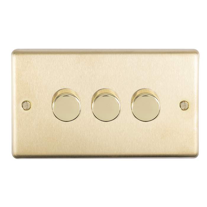 Eurolite Sb3D400 3 Gang 400W Push On Off 2Way Dimmer Round Edge Satin Brass Plate Polished Brass Knobs