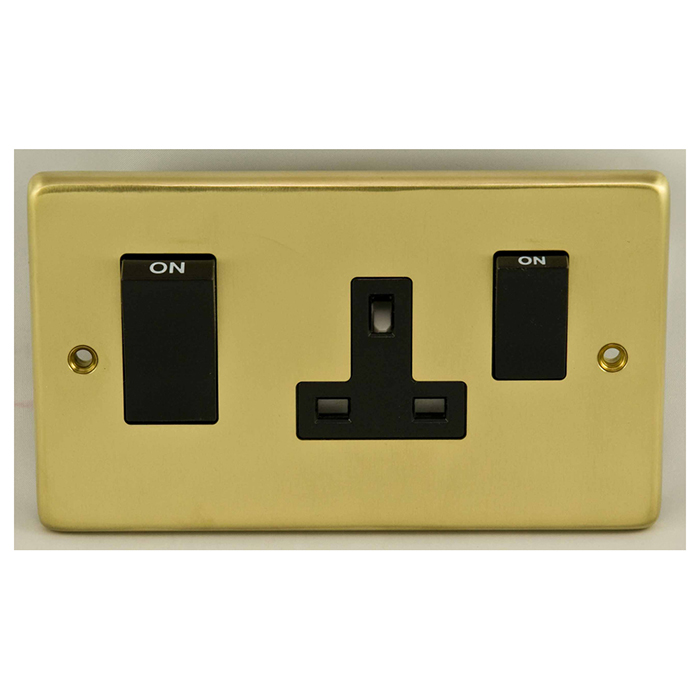 Eurolite Sb45Aswasb 45Amp Dp Cooker Switch With 13Amp Socket Round Edge Satin Brass Plate Black Rockers