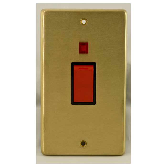 Eurolite Sb45Aswnb 45Amp Dp Cooker Switch With Neon Double Round Edge Satin Brass Plate Red Rocker Black Trim