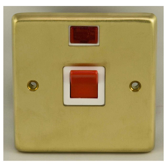 Eurolite Sb45Aswnsw 45Amp Dp Cooker Switch With Neon Single Round Edge Satin Brass Plate Red Rocker White Trim
