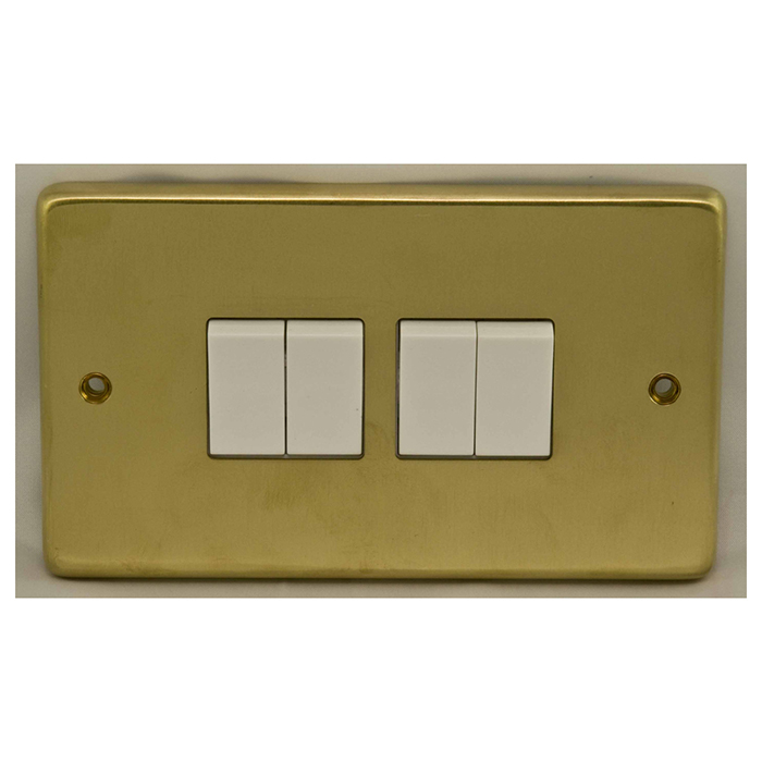 Eurolite Sb4Sww 4 Gang 10Amp 2Way Switch Round Edge Satin Brass Plate White Rockers