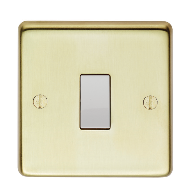Eurolite Sbintw 1 Gang 10Amp Intermediate Switch Round Edge Satin Brass Plate White Rocker