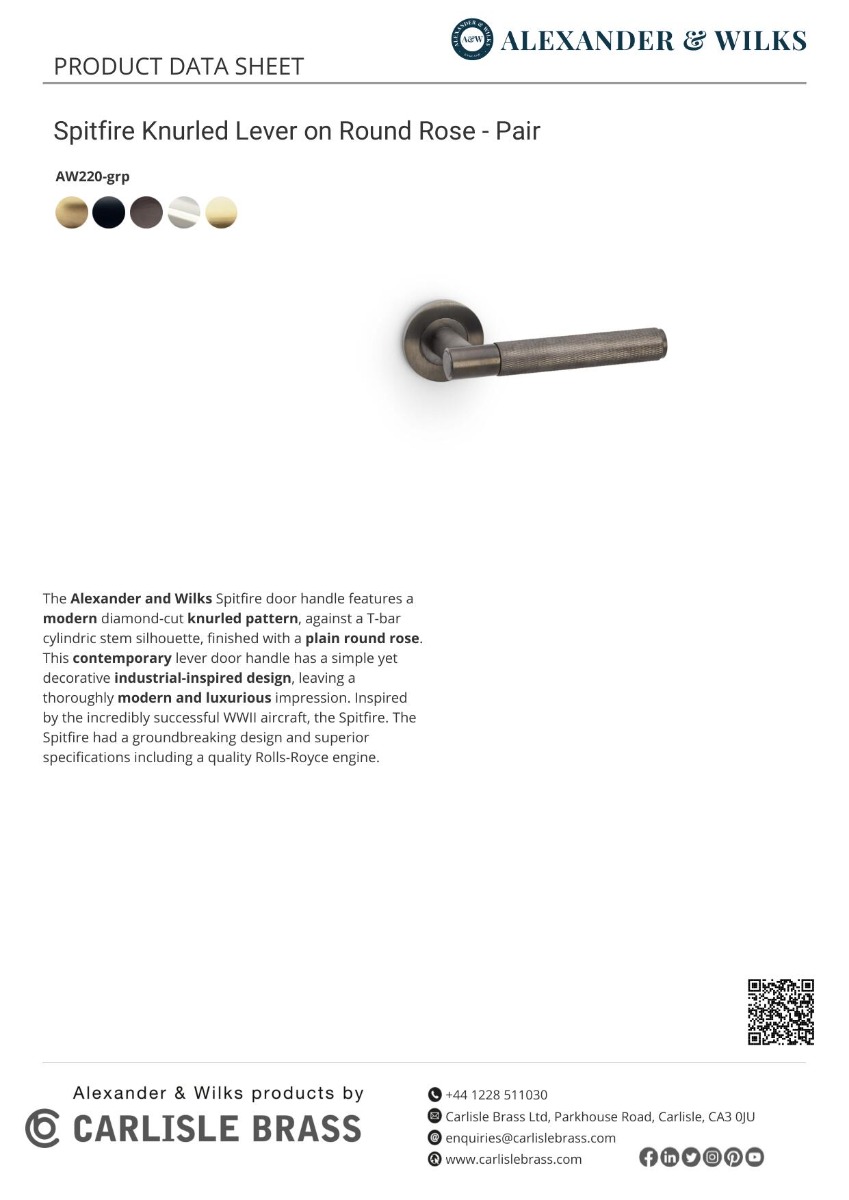 Alexander And Wilks Spitfire Lever Knurled On 50X6mm Rose Matt Black AW220BL