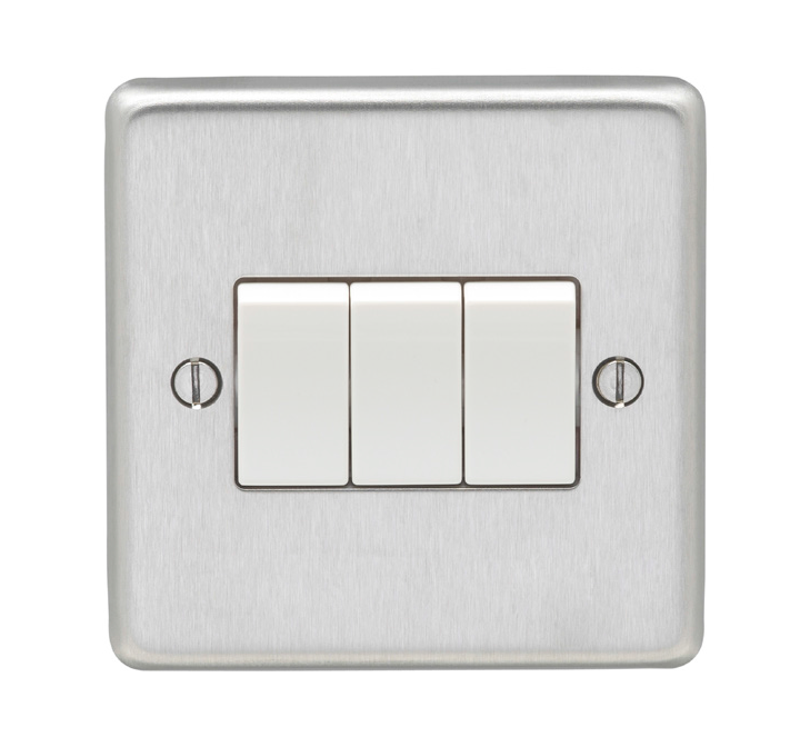 Eurolite Sss3Sww 3 Gang 10Amp 2Way Switch Round Edge Satin Stainless Steel Plate White Rockers