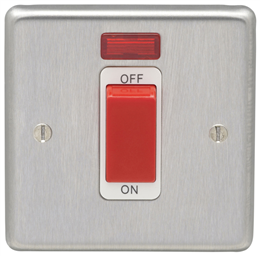 Eurolite Sss45Aswnsw 45Amp Dp Cooker Switch With Neon Single Round Edge Satin Stainless Steel Plate Red Rocker White Trim