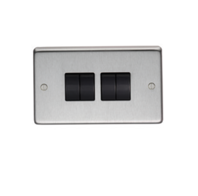 Eurolite Sss4Swb 4 Gang 10Amp 2Way Switch Round Edge Satin Stainless Steel Plate Black Rockers