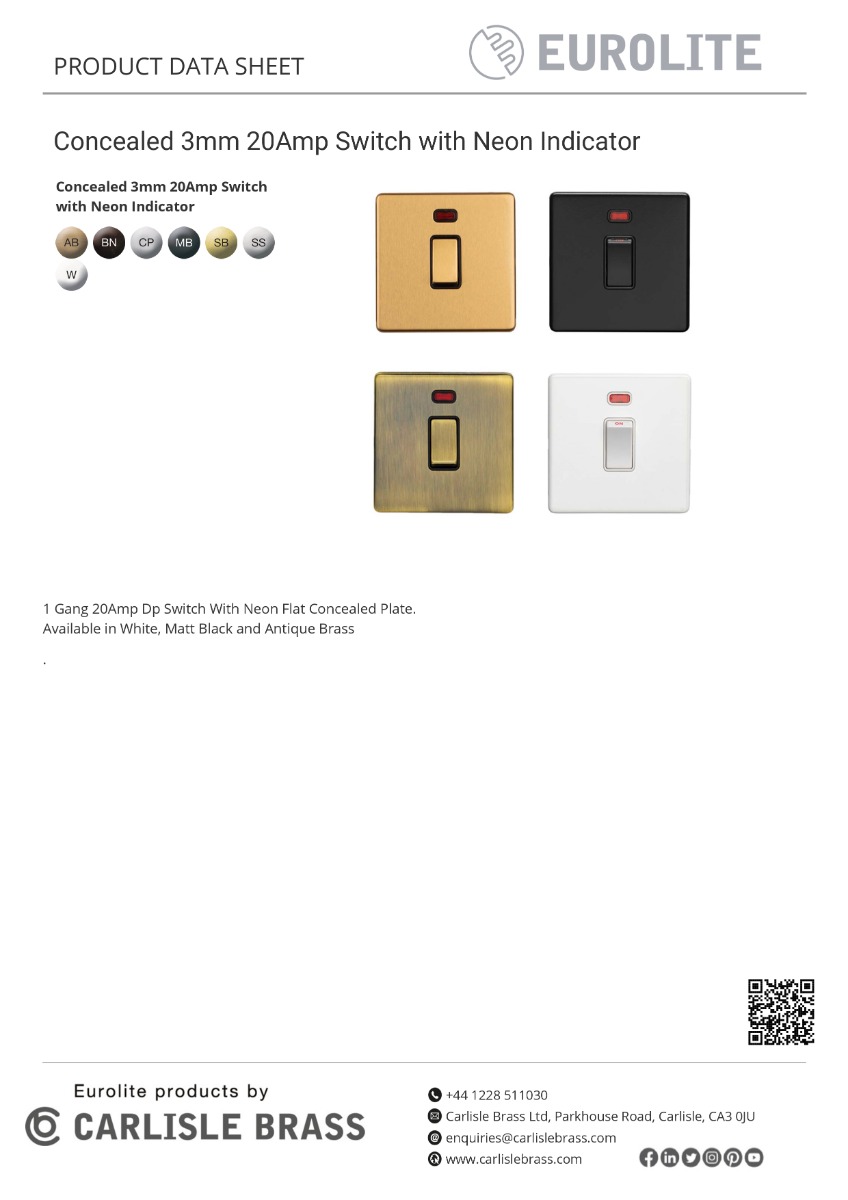 Eurolite Concealed 3mm 1 Gang 20Amp Dp Switch - Black Nickel