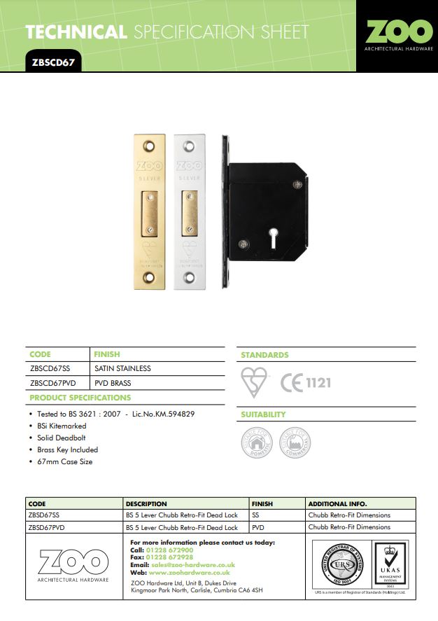 Zoo Hardware British Standard 5 Lever Chubb Retro-Fit Dead Lock (67Mm Or 80Mm), Pvd Stainless Brass