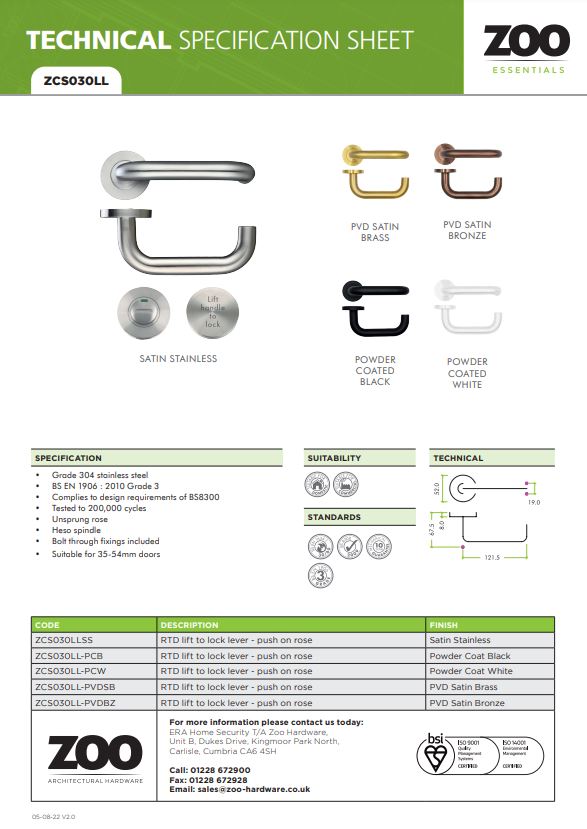 Zoo Hardware Zcs Architectural Rtd Lift To Lock Din Lever On Round Rose, Satin Stainless Steel (Sold In Pairs)