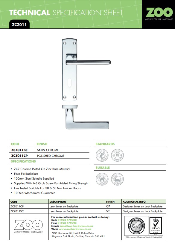 Zoo Hardware Stanza Leon Contract Door Handles On Backplate, Polished Chrome (Sold In Pairs)