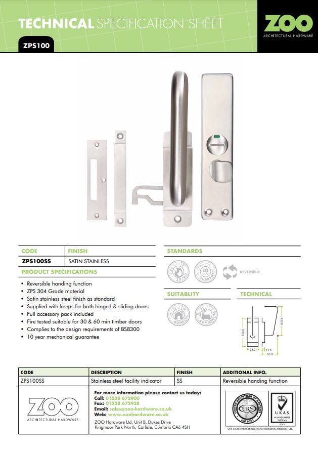 Zoo Hardware Zps Facility Indicator Door Handle, Satin Stainless Steel