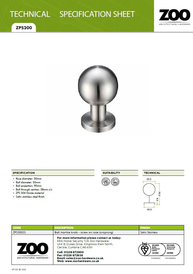 Zoo Hardware Zps Ball Mortice Knob, Satin Stainless Steel (Sold In Pairs)
