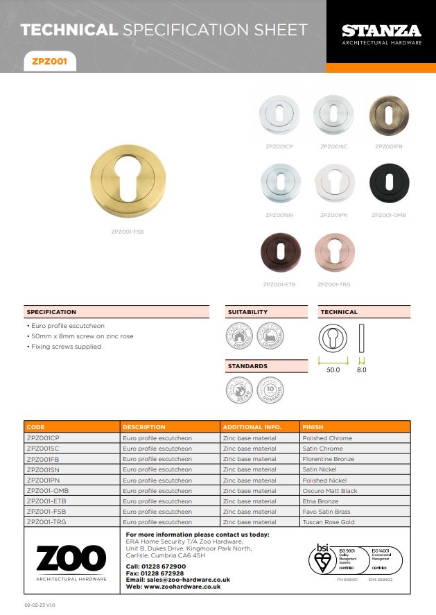 Zoo Hardware Stanza Euro Profile Escutcheon, 50mm screw on rose dia