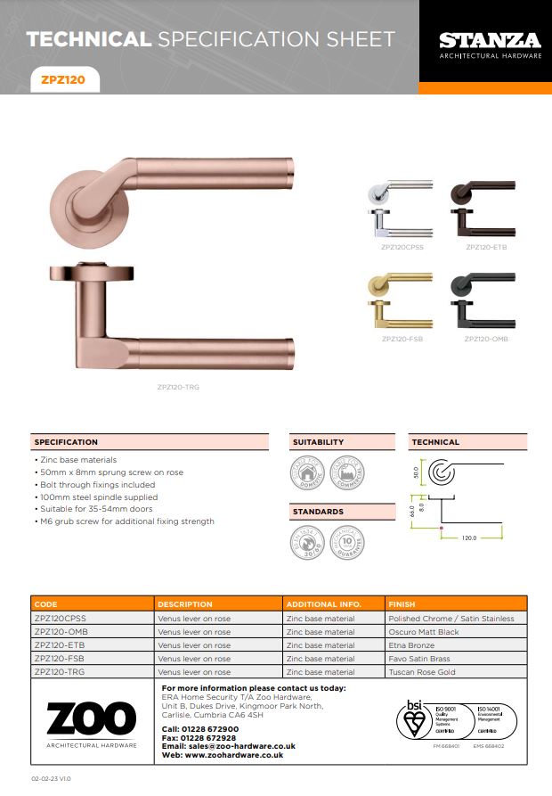Zoo Hardware ZPZ120-TRG Venus Door Handle on round rose Rose Gold