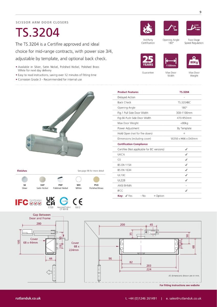 Rutland TS.3204 Door Closer c/w Cover, Flatbar Armset White