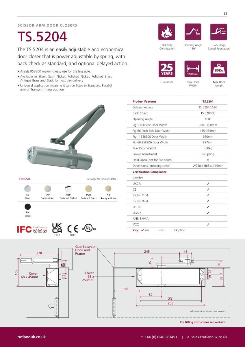Rutland TS.5204 Door Closer DABC c/w Semi-Radius Cover, Flatbar Armset Satin Nickel