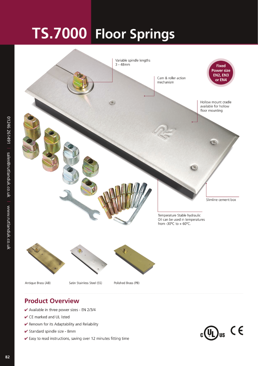 Rutland TS.7002 Non Hold Open Floor Spring & Back Check c/w Cover Plate Polished Brass