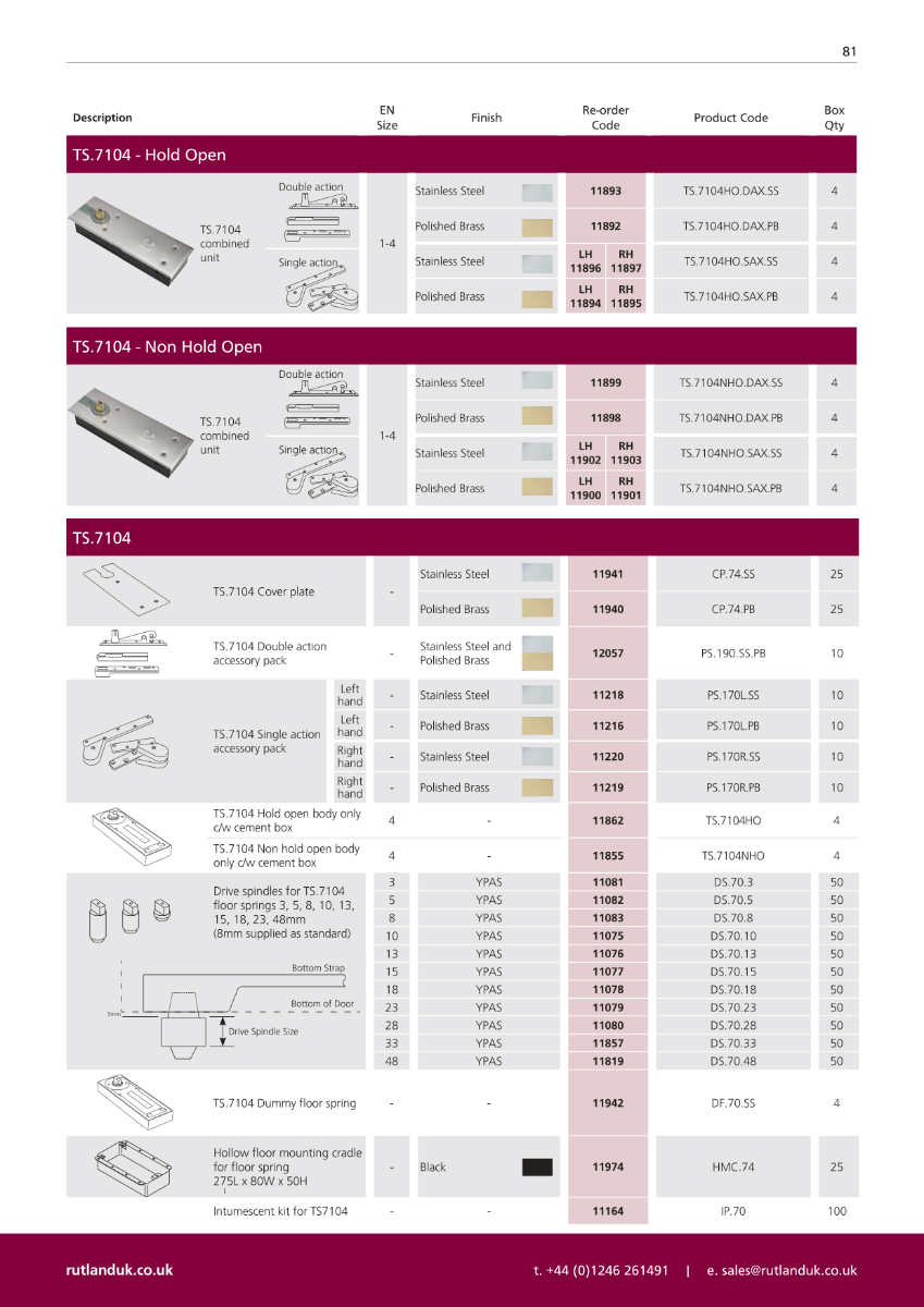 Rutland TS.7104HO.SS Hold Open Floor Spring with BC c/w Cover Plate Satin Stainless Steel