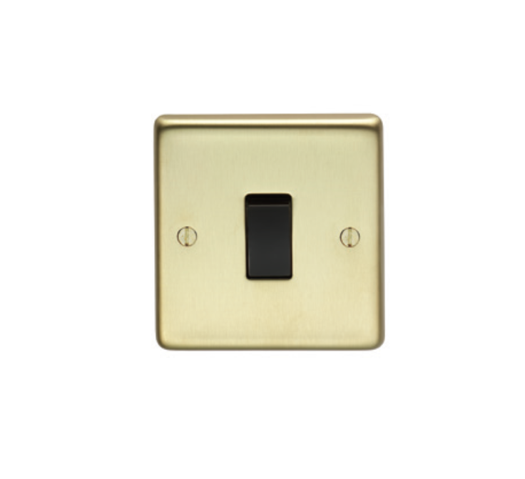 Eurolite Sbintb 1 Gang 10Amp Intermediate Switch Round Edge Satin Brass Plate Black Rocker