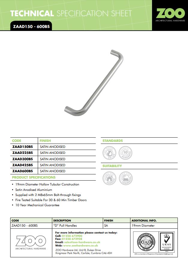 Zoo Hardware Architectural Aluminium D Pull Handles (19Mm Or 22Mm Bar Diameter), Satin Aluminium
