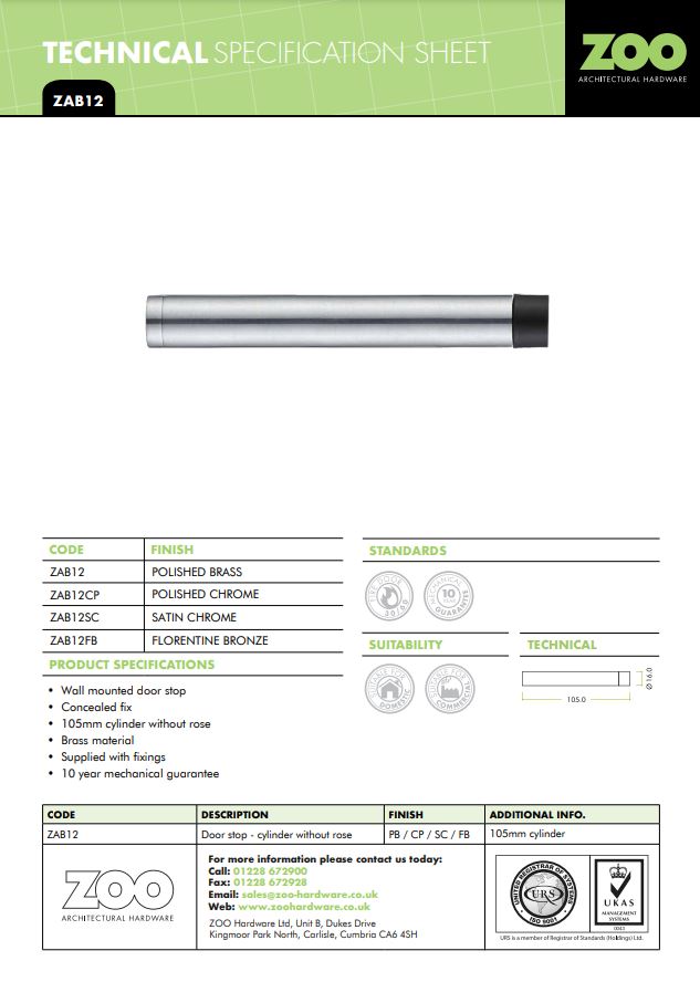 Zoo Hardware Cylinder Door Stop Without Rose (105Mm), Polished Brass