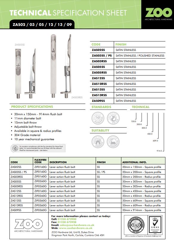 Zoo Hardware Zas Square Profile Lever Action Flush Bolts (Various Sizes), Satin Stainless Steel