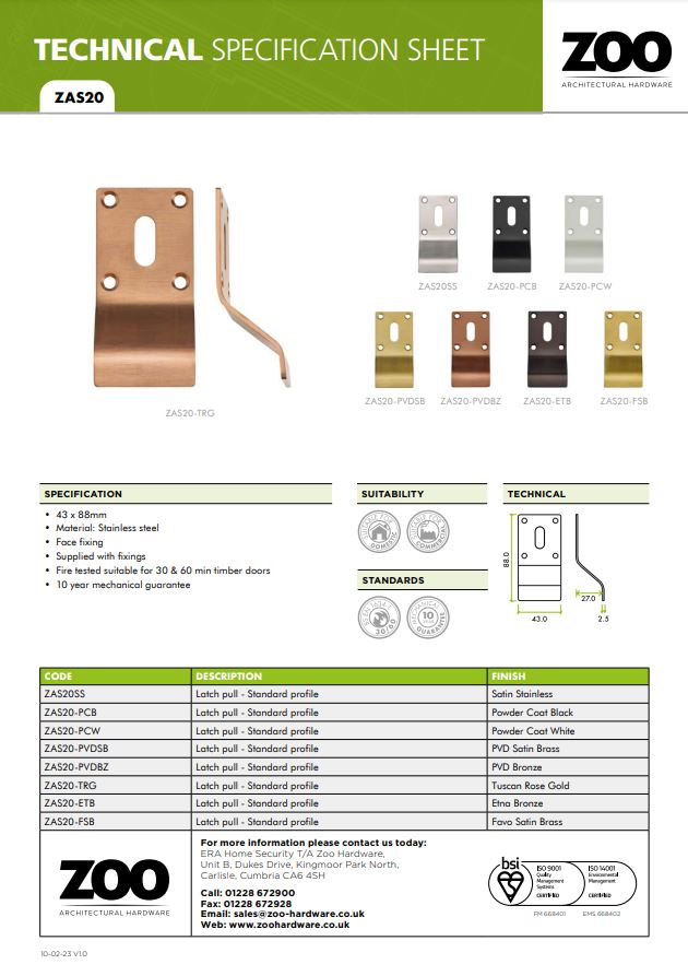 Zoo Hardware Zas Cylinder Latch Pull Standard Profile (88Mm X 43Mm), Satin Stainless Steel
