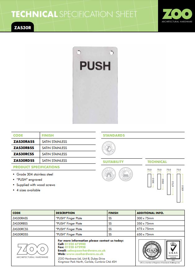Zoo Hard Ware Zas Radius Push Finger Plates (75Mm X 30Mm), (Various Sizes), Satin Stainless Steel