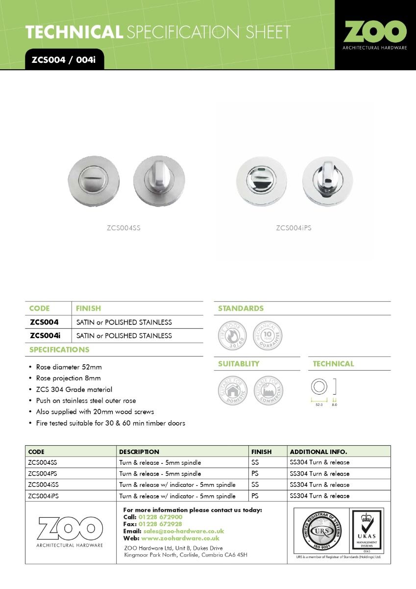 Zoo Hardware Turn and HEX Release with Indicator on 52mm rose- Push On Cover - 5mm spindle - Grade 304 ZCS004ISS-HEX