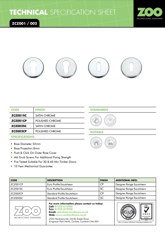 Zoo Hardware Stanza Contract Euro Profile Escutcheon 50mm push on rose dia