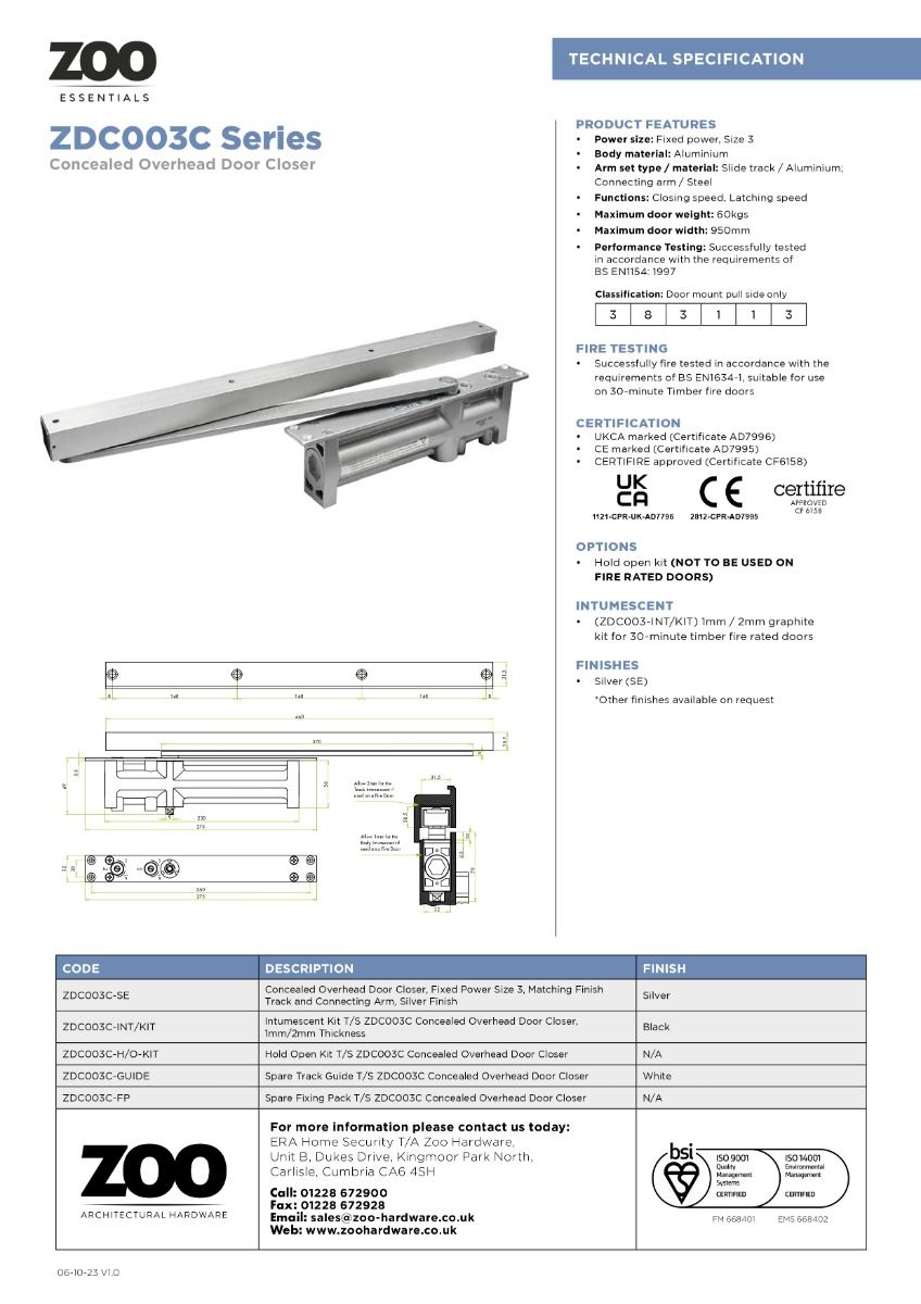 Zoo Hardware Intumescent Kit T/S ZDC003C Concealed Overhead Door Closer, 1mm/2mm Thickness ZDC003C-INT/KIT