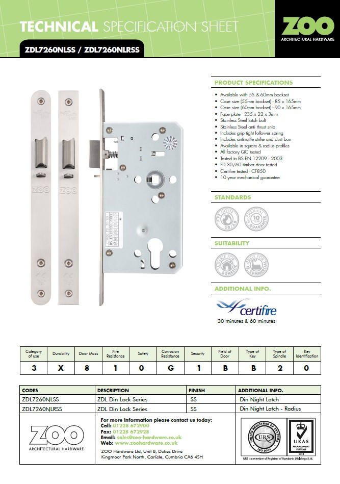 Din night latch - 72mm c/c - backset 60mm
